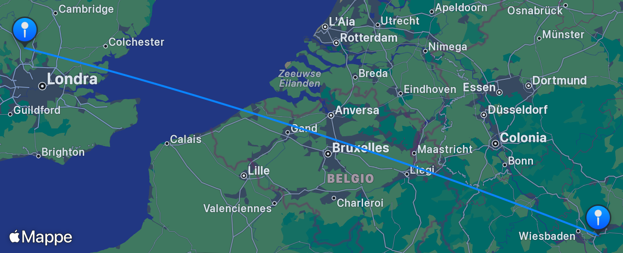 Mappa del volo da Londra a Frankfurt