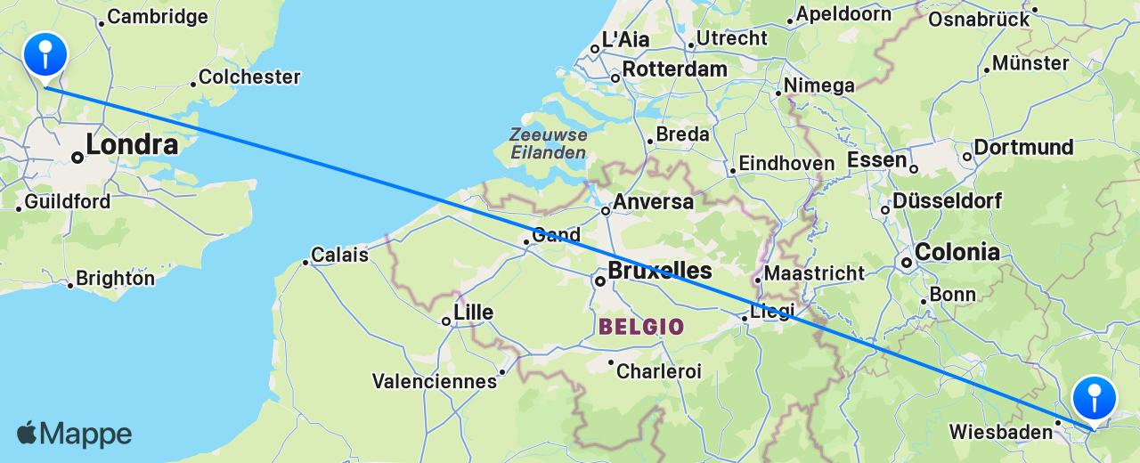 Mappa del volo da Londra a Frankfurt