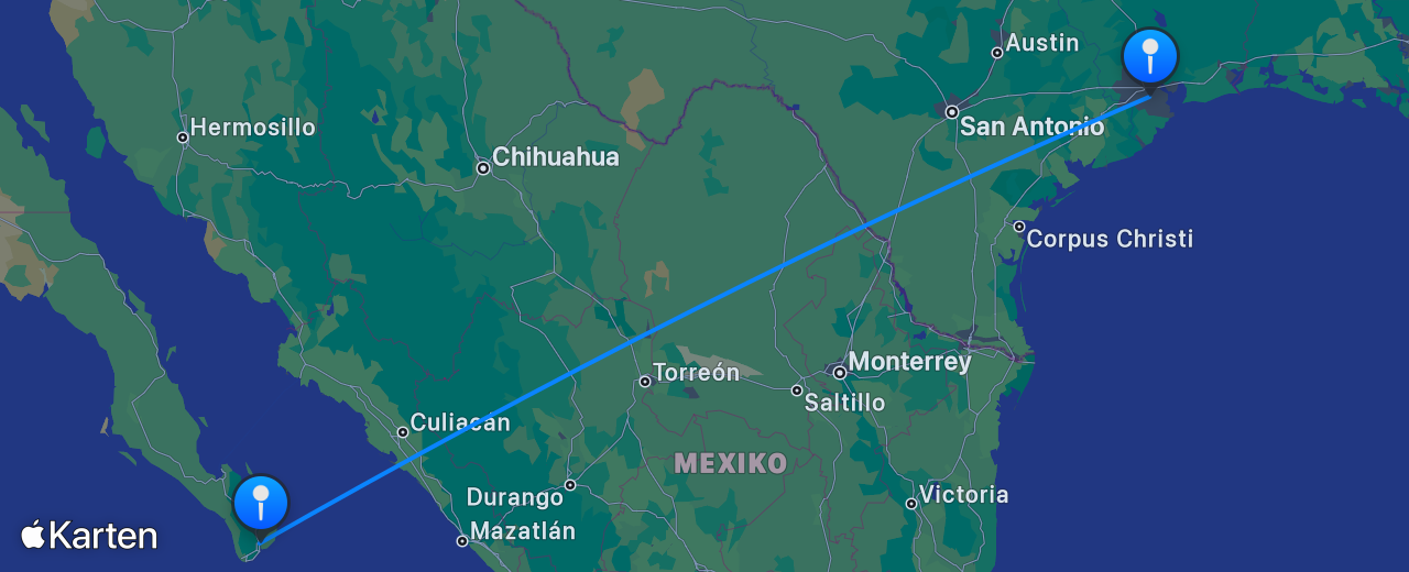Karte des Flugs von Houston nach Los Cabos