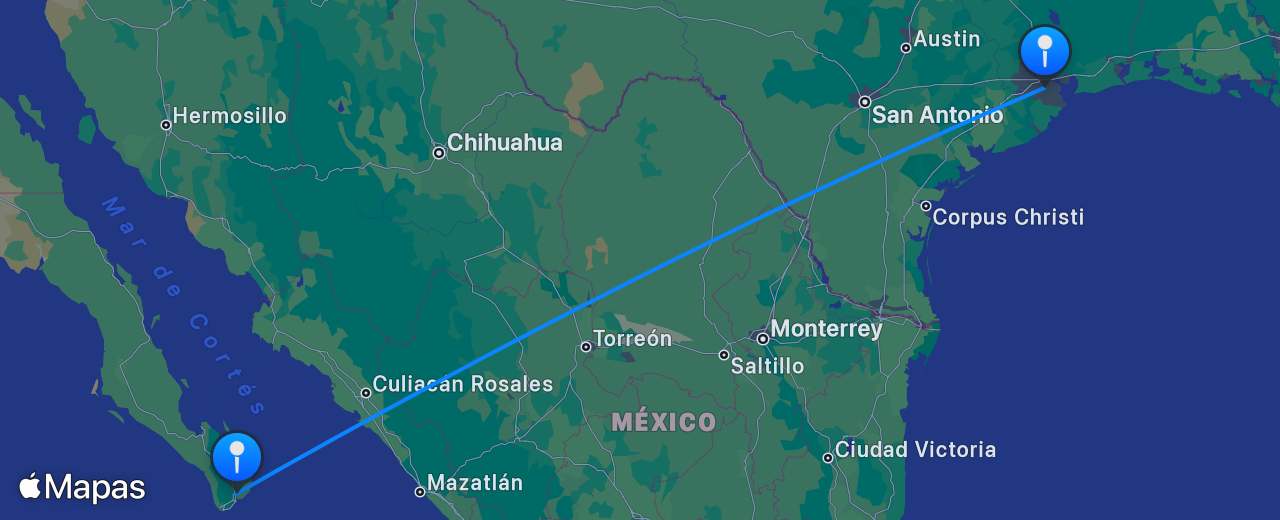 Mapa del vuelo de Houston a Los Cabos