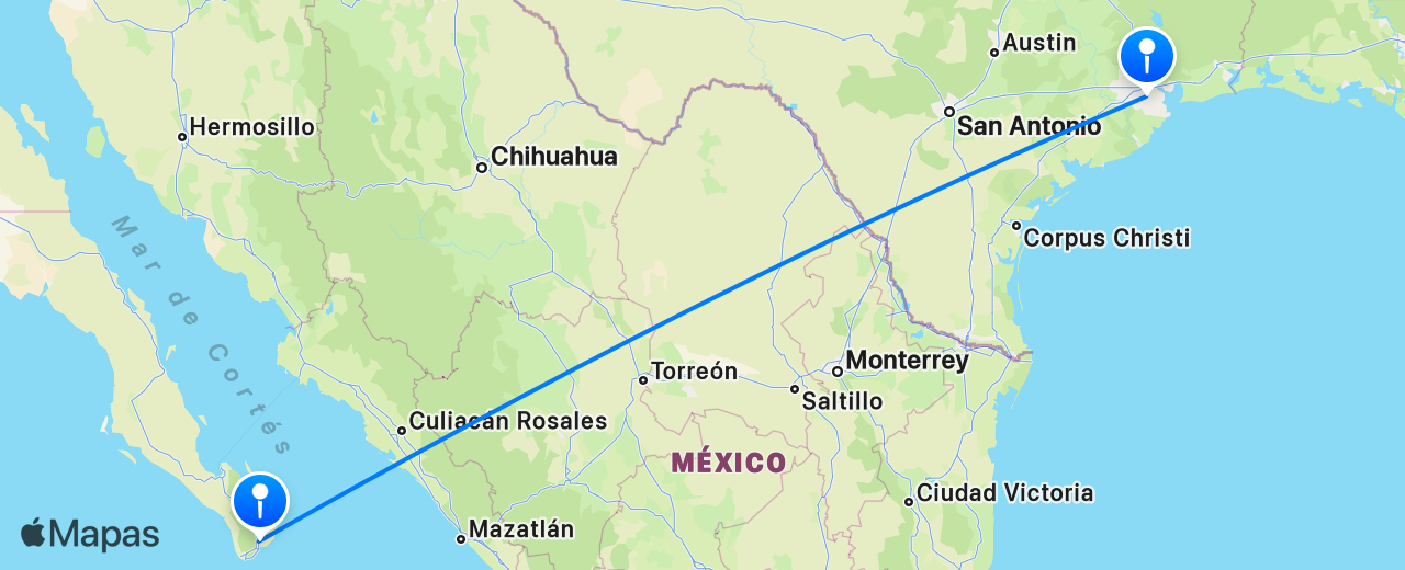Mapa del vuelo de Houston a Los Cabos