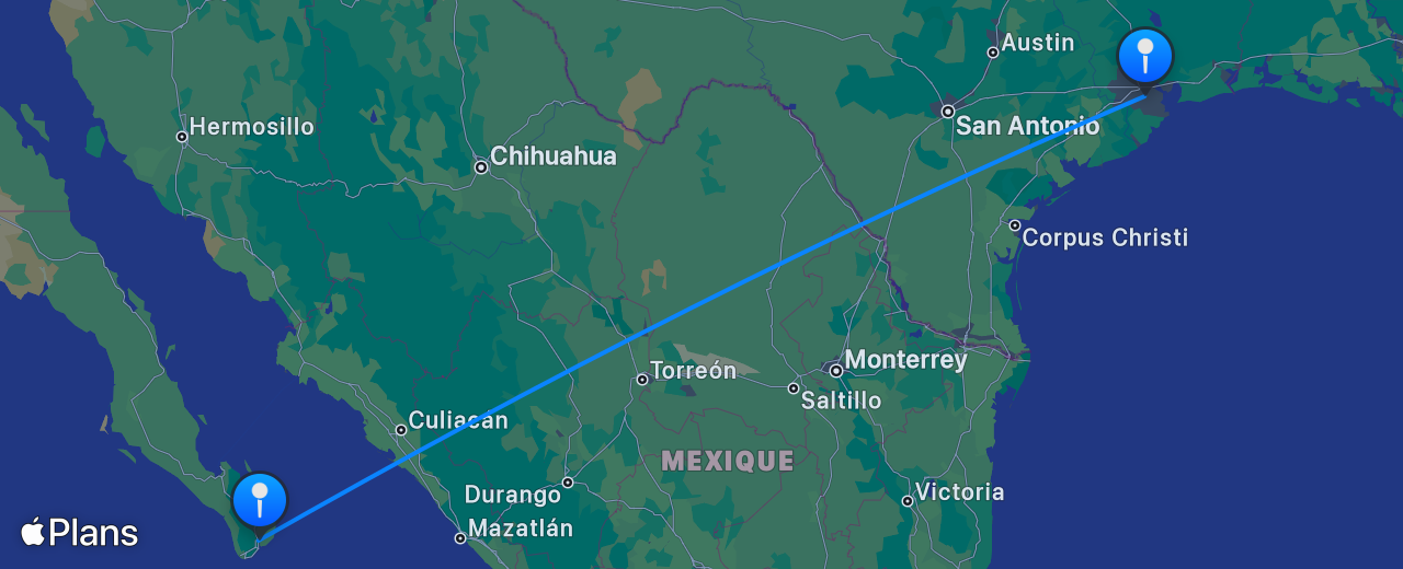 Carte du vol de Houston vers Los Cabos