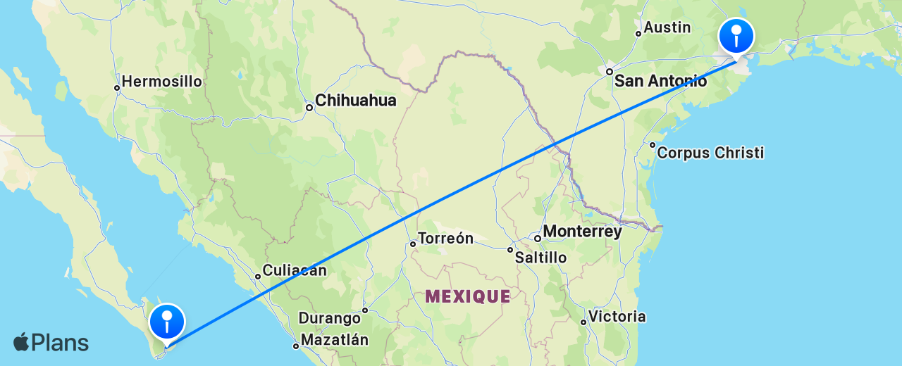 Carte du vol de Houston vers Los Cabos