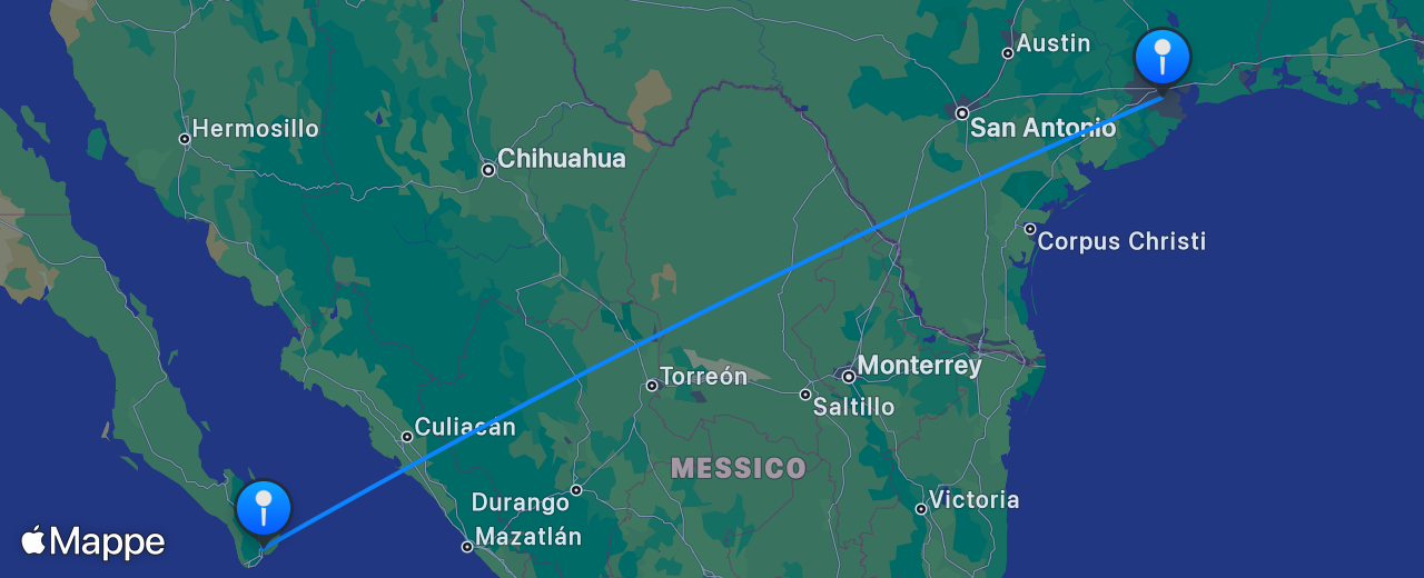 Mappa del volo da Houston a Los Cabos
