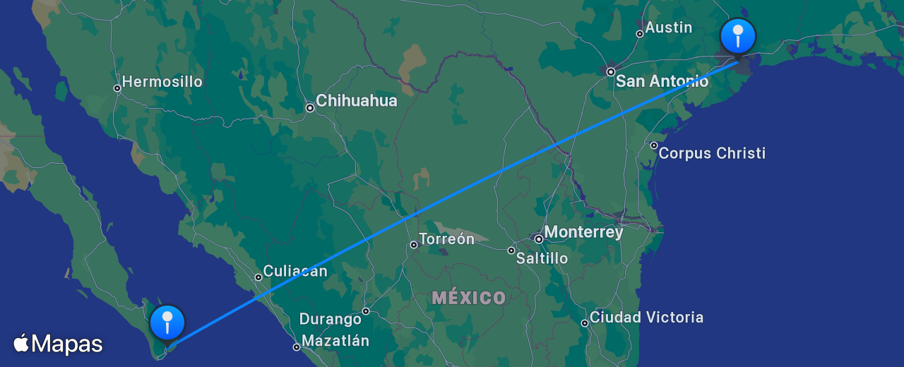 Mapa do voo de Houston para Los Cabos