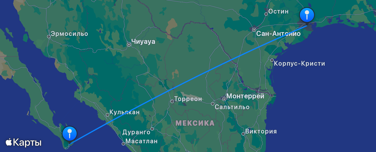 Карта перелёта Хьюстон — Лос-Кабос