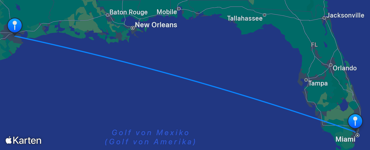 Karte des Flugs von Miami nach Houston
