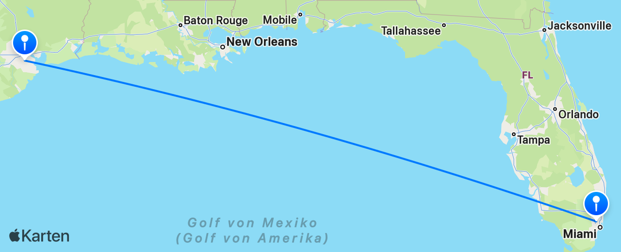 Karte des Flugs von Miami nach Houston