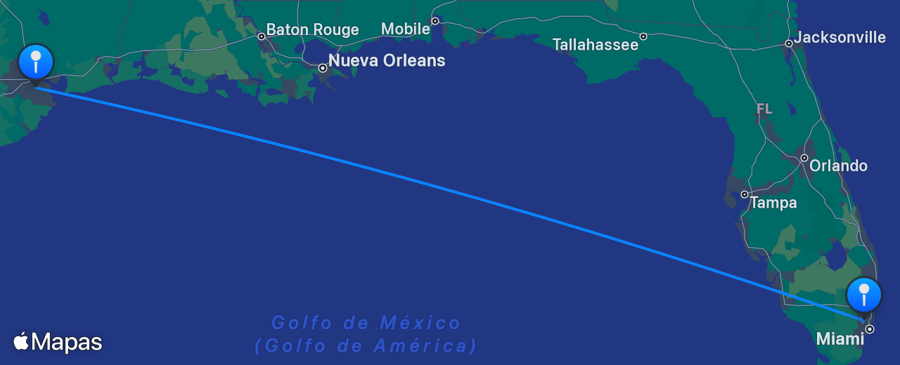Mapa del vuelo de Houston a Miami