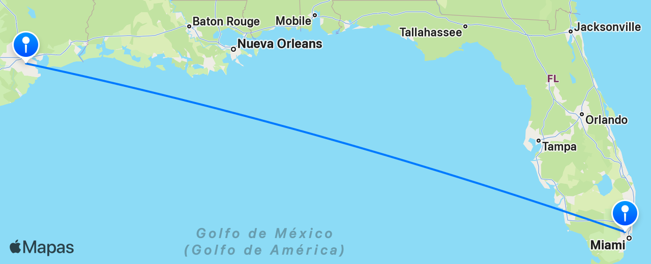 Mapa del vuelo de Houston a Miami