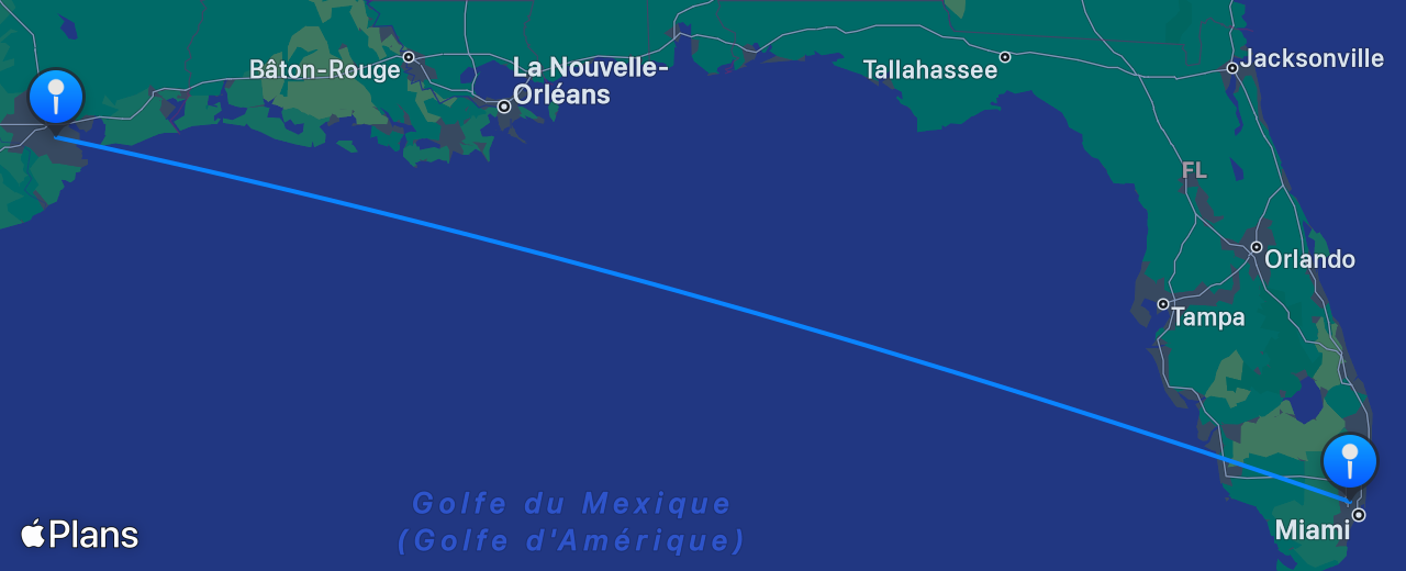 Carte du vol de Houston vers Miami