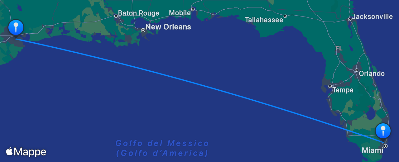 Mappa del volo da Houston a Miami