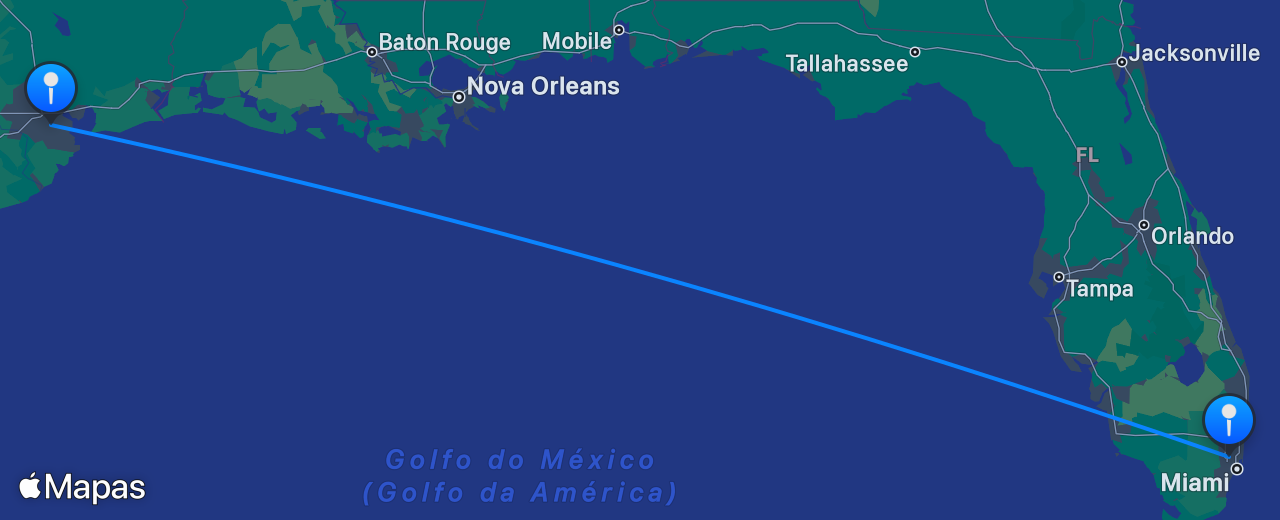 Mapa do voo de Houston para Miami