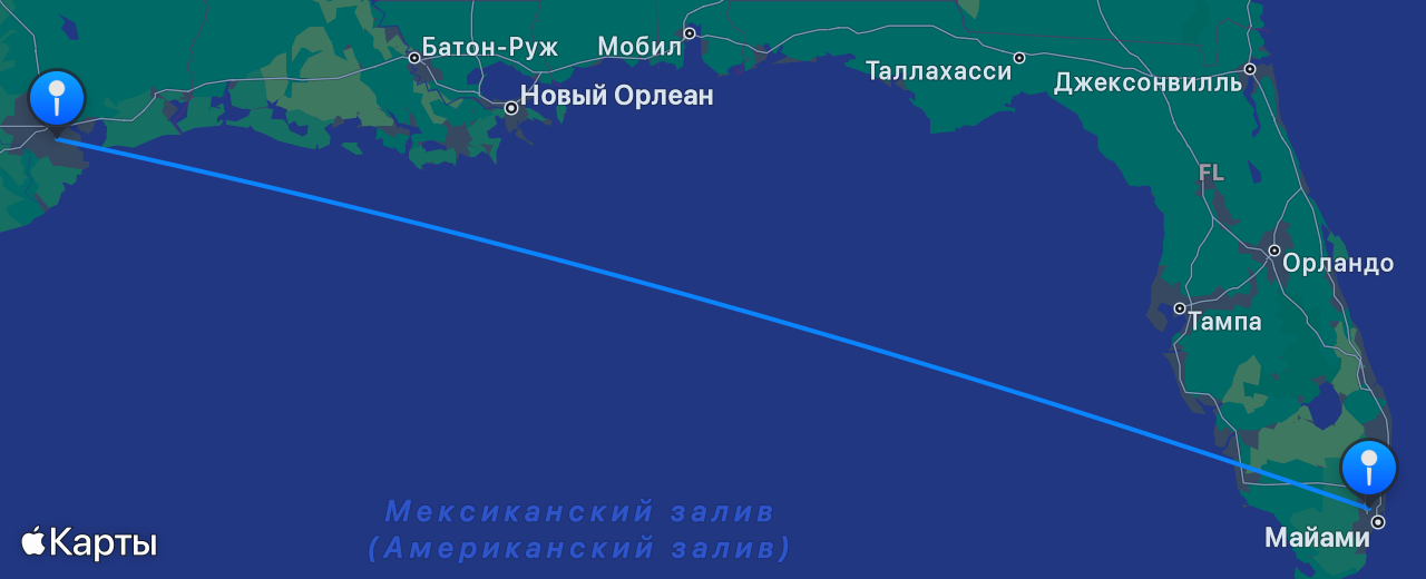 Карта перелёта Майами — Хьюстон