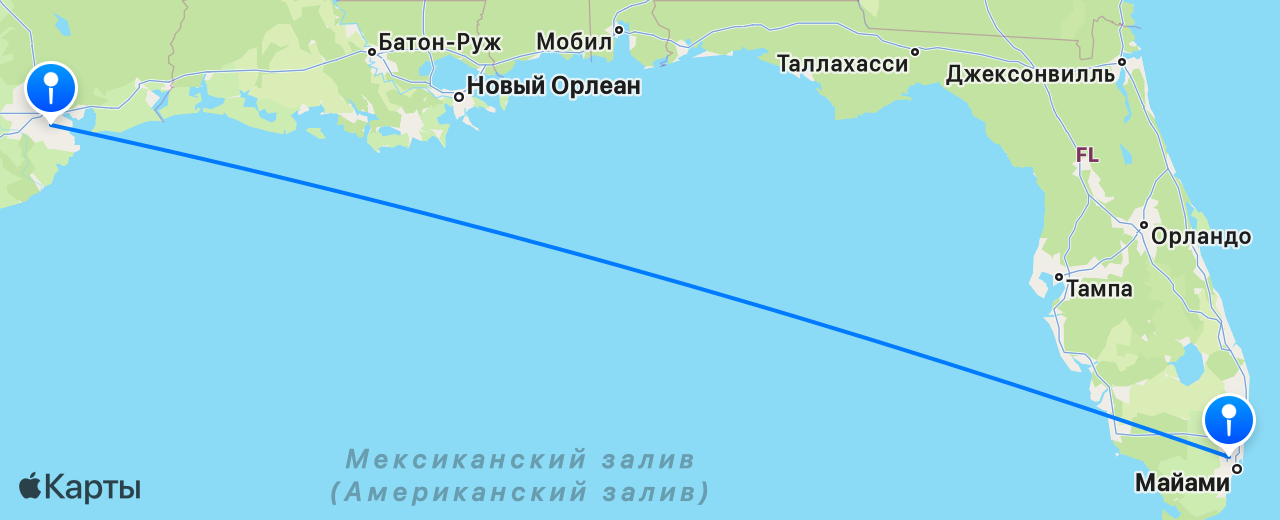 Карта перелёта Майами — Хьюстон