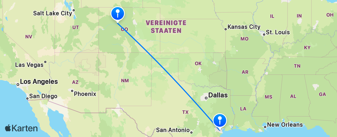 Karte des Flugs von Houston nach Vail