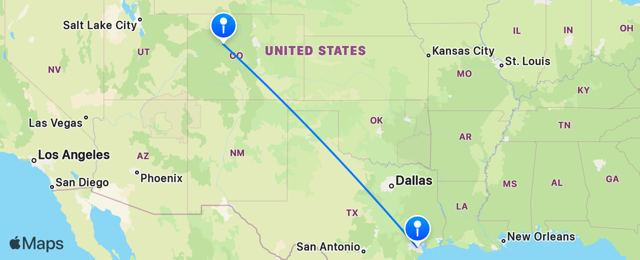 Map of the flight from Vail to Houston
