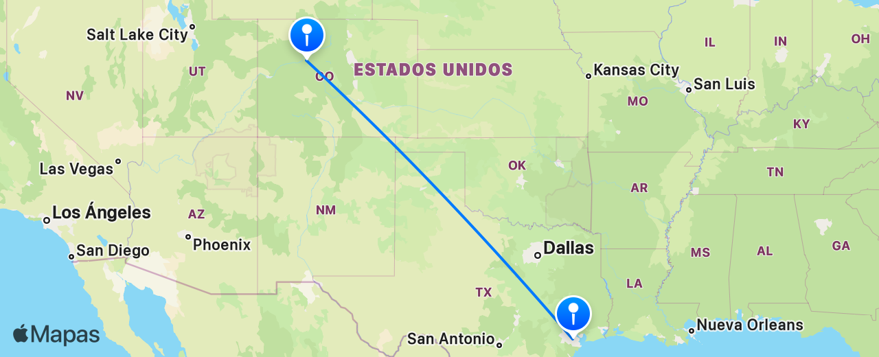 Mapa del vuelo de Houston a Vail