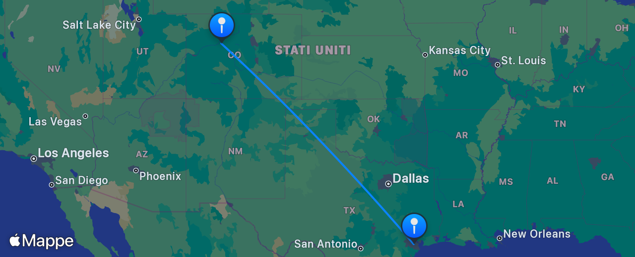 Mappa del volo da Houston a Vail