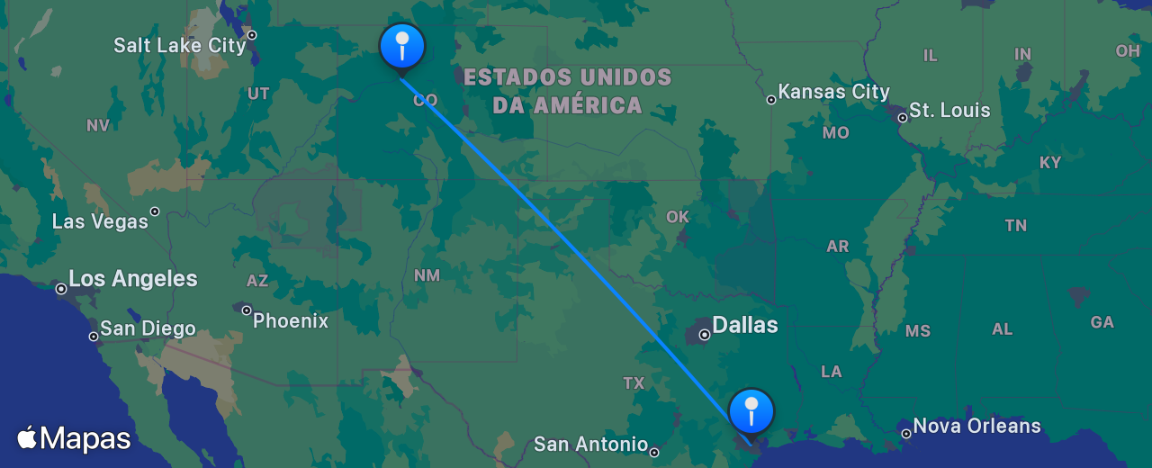 Mapa do voo de Houston para Vail