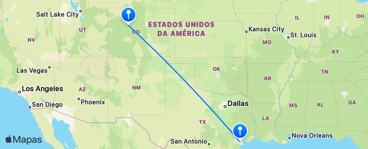 Mapa do voo de Houston para Vail