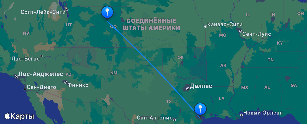 Карта перелёта Хьюстон — Вейл