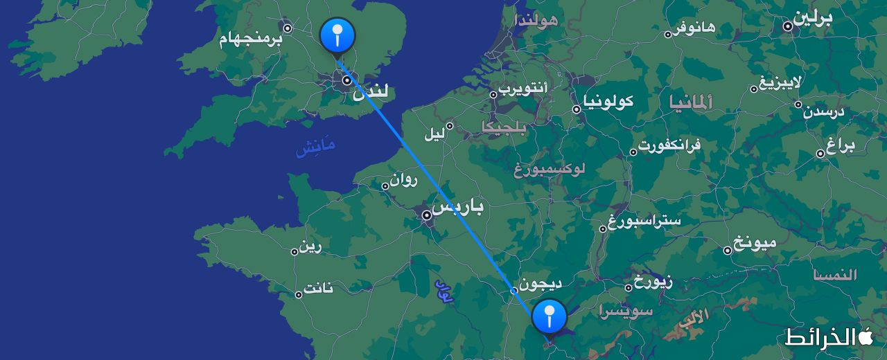 خريطة الرحلة من جنيف إلى لندن