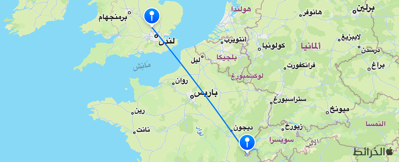 خريطة الرحلة من جنيف إلى لندن