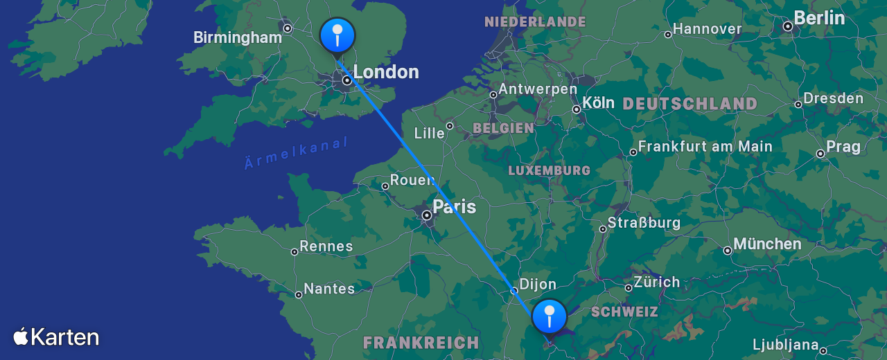 Karte des Flugs von London nach Genf