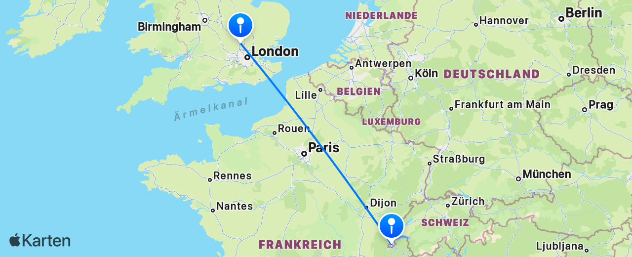 Karte des Flugs von London nach Genf