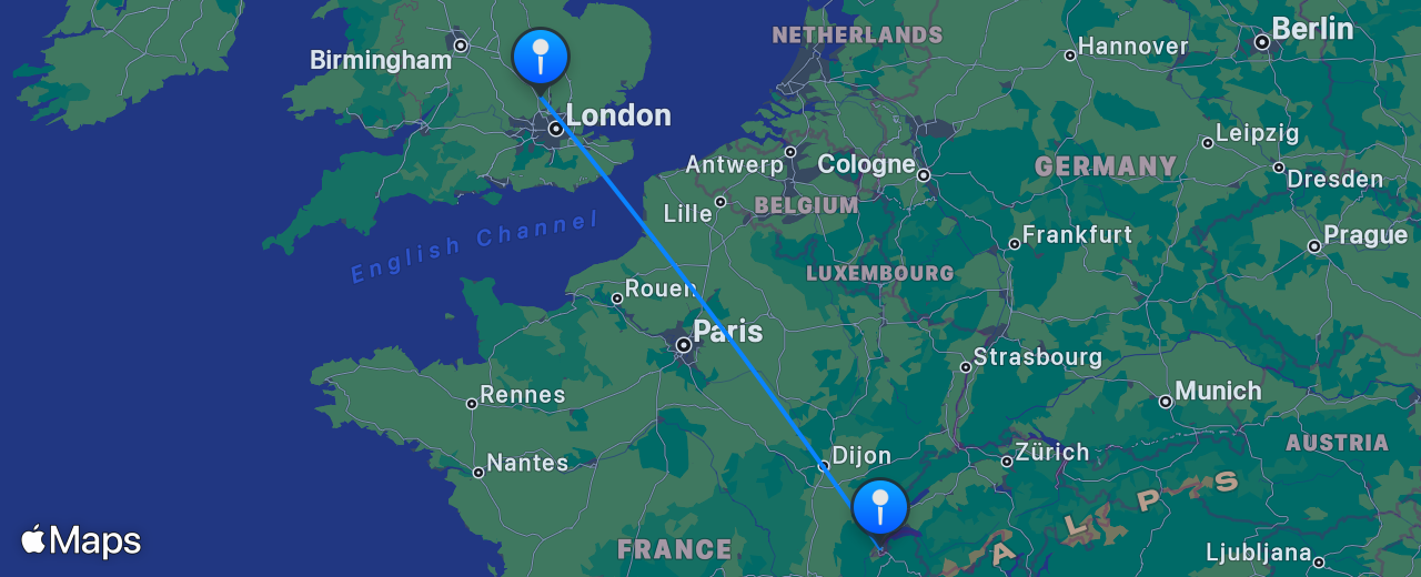 Map of the flight from Geneva to London