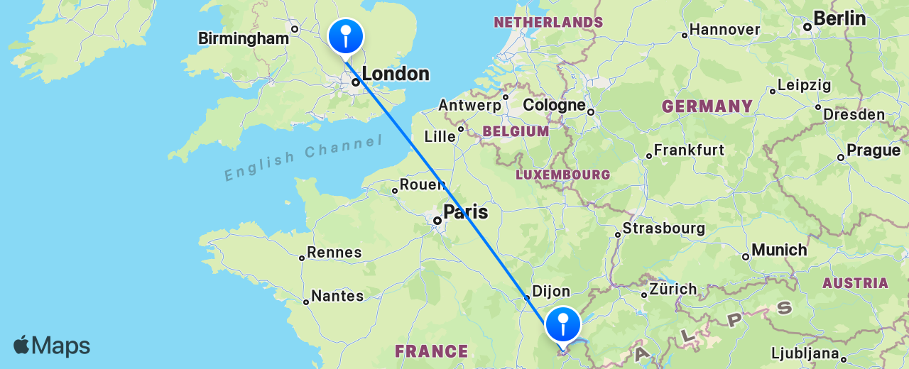 Map of the flight from Geneva to London