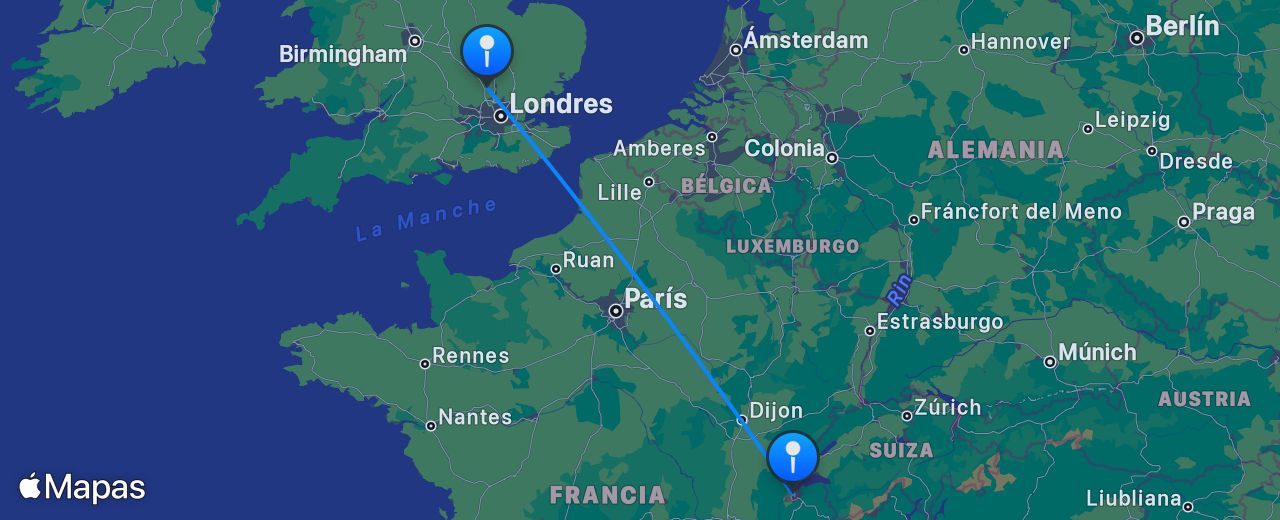 Mapa del vuelo de Ginebra a Londres