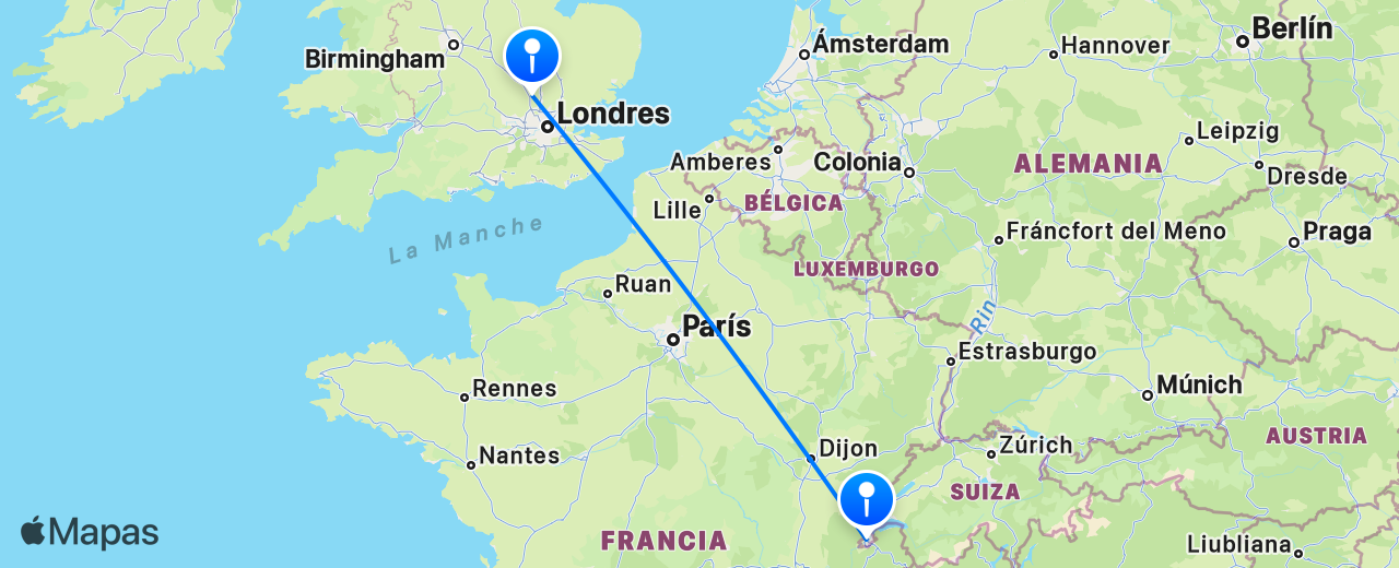 Mapa del vuelo de Ginebra a Londres