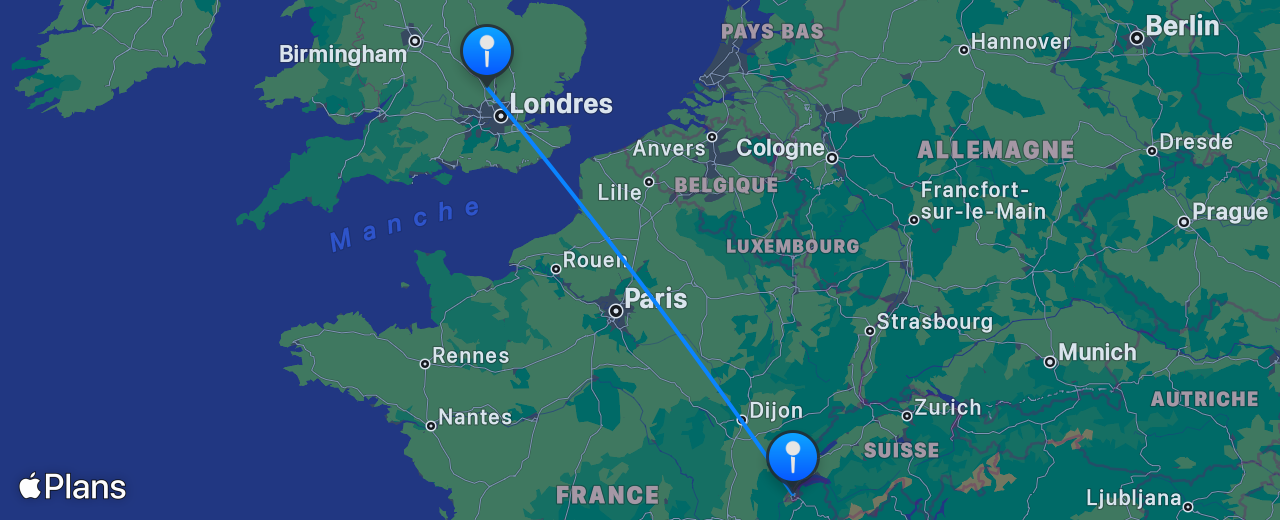 Carte du vol de Genève vers Londres