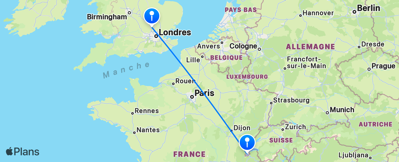 Carte du vol de Genève vers Londres