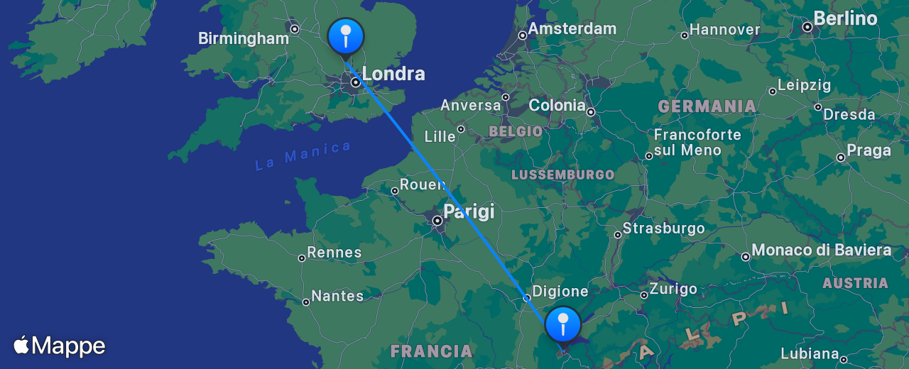 Mappa del volo da Ginevra a Londra