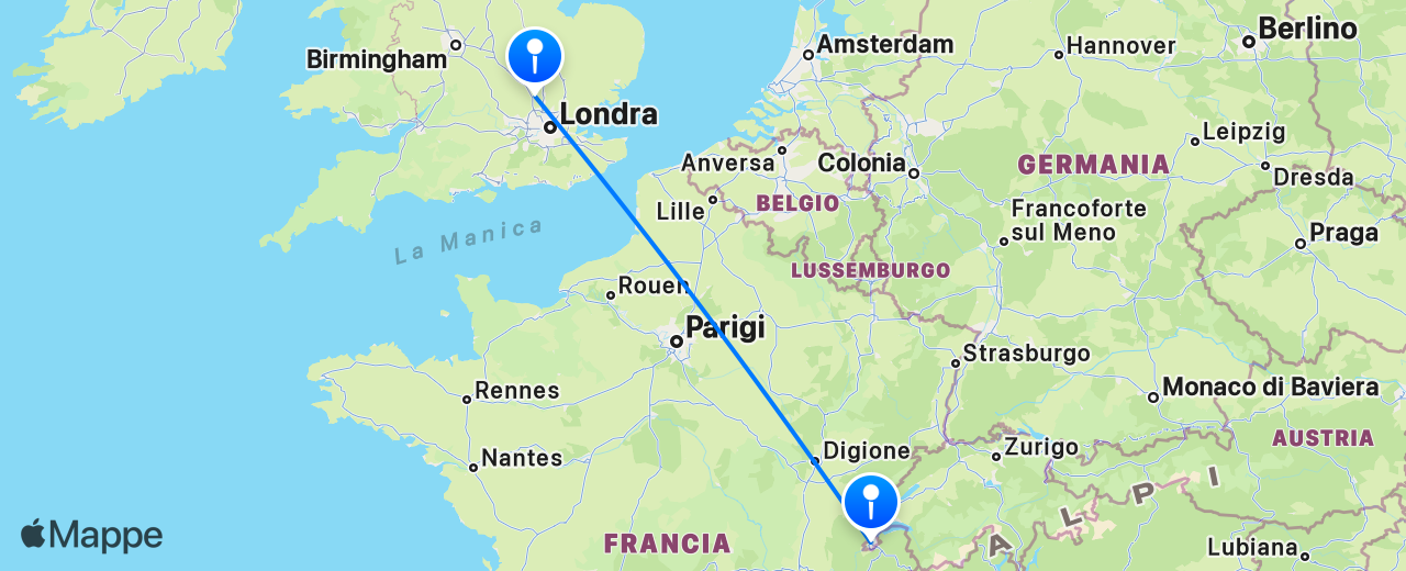 Mappa del volo da Ginevra a Londra