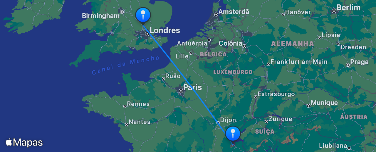 Mapa do voo de Londres para Genebra