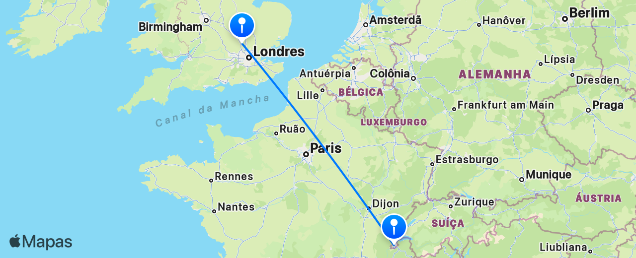 Mapa do voo de Londres para Genebra