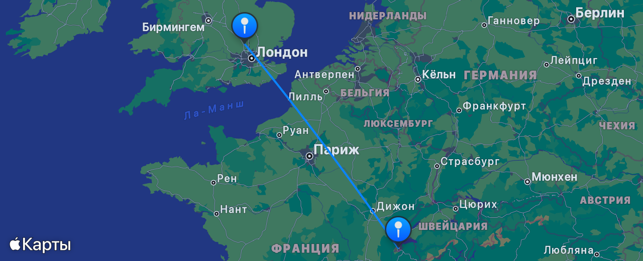 Карта перелёта Женева — Лондон