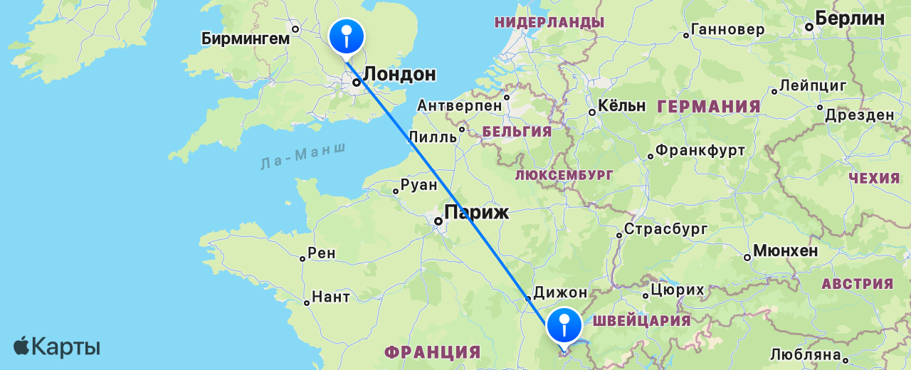 Карта перелёта Женева — Лондон