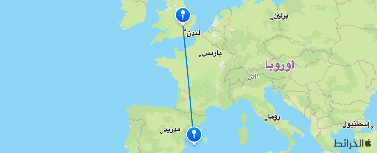 خريطة الرحلة من لندن إلى إيبيزا