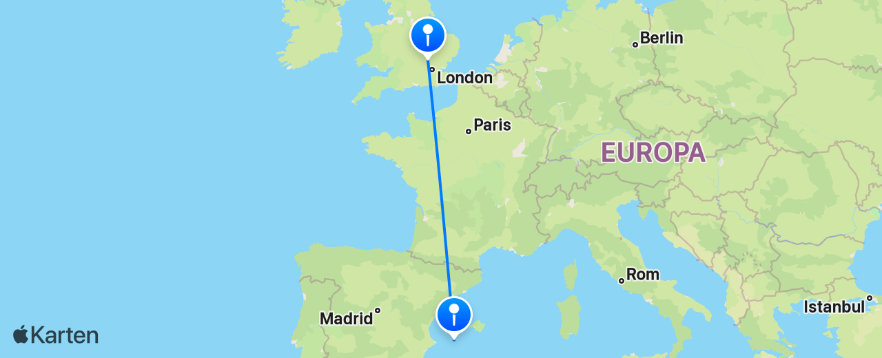 Karte des Flugs von Ibiza nach London