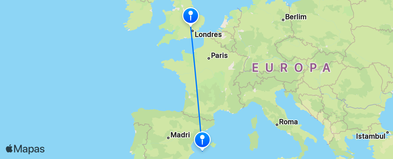 Mapa do voo de Londres para Ibiza
