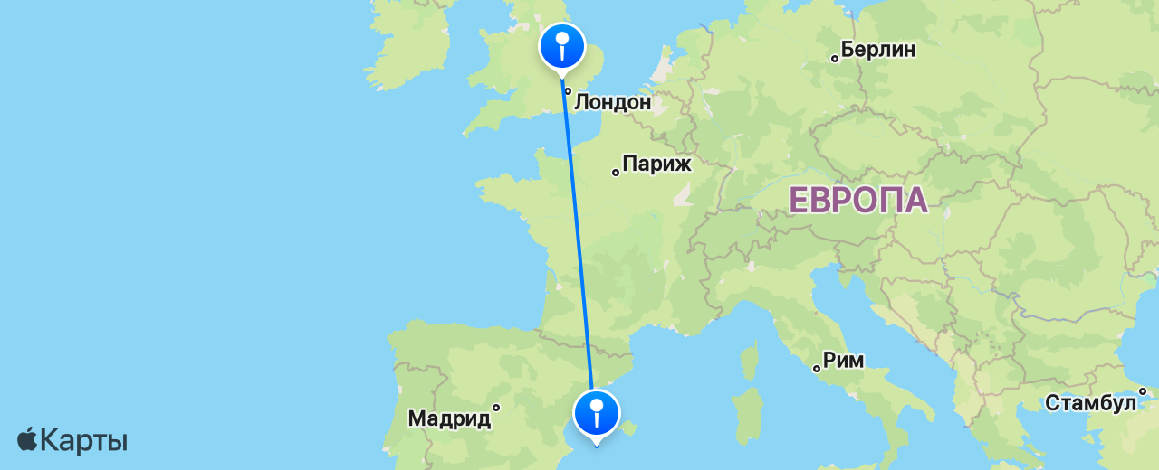 Карта перелёта Ибица — Лондон