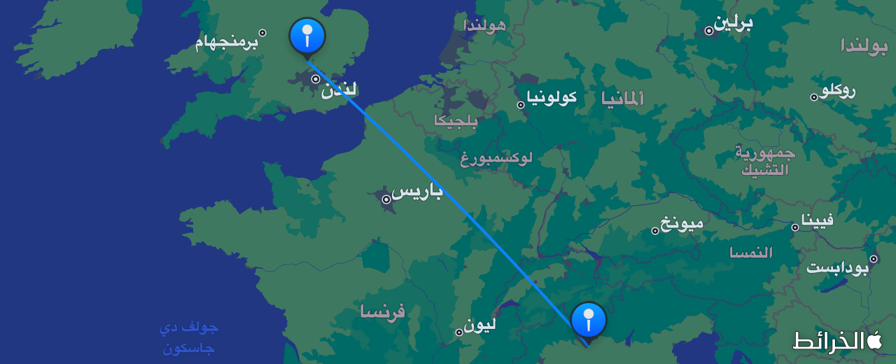 خريطة الرحلة من لندن إلى ميلانو