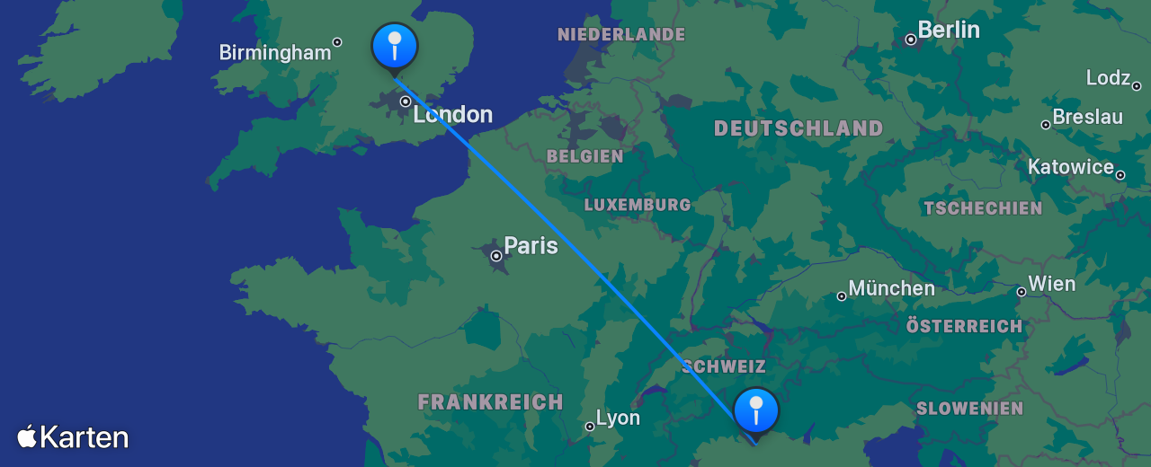 Karte des Flugs von London nach Mailand