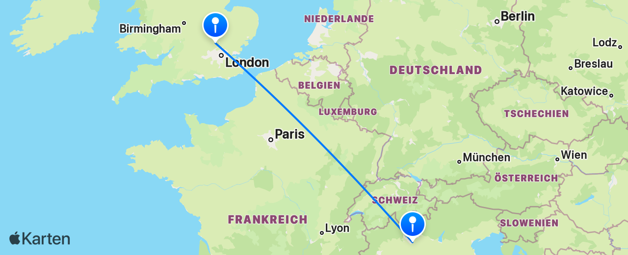 Karte des Flugs von London nach Mailand