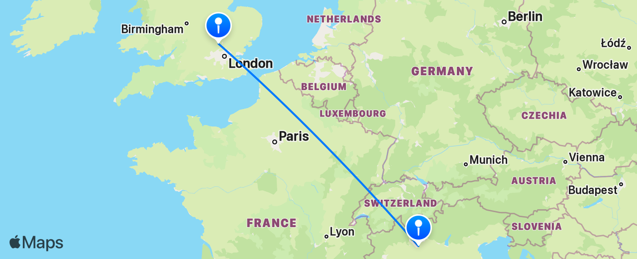 Map of the flight from London to Milan
